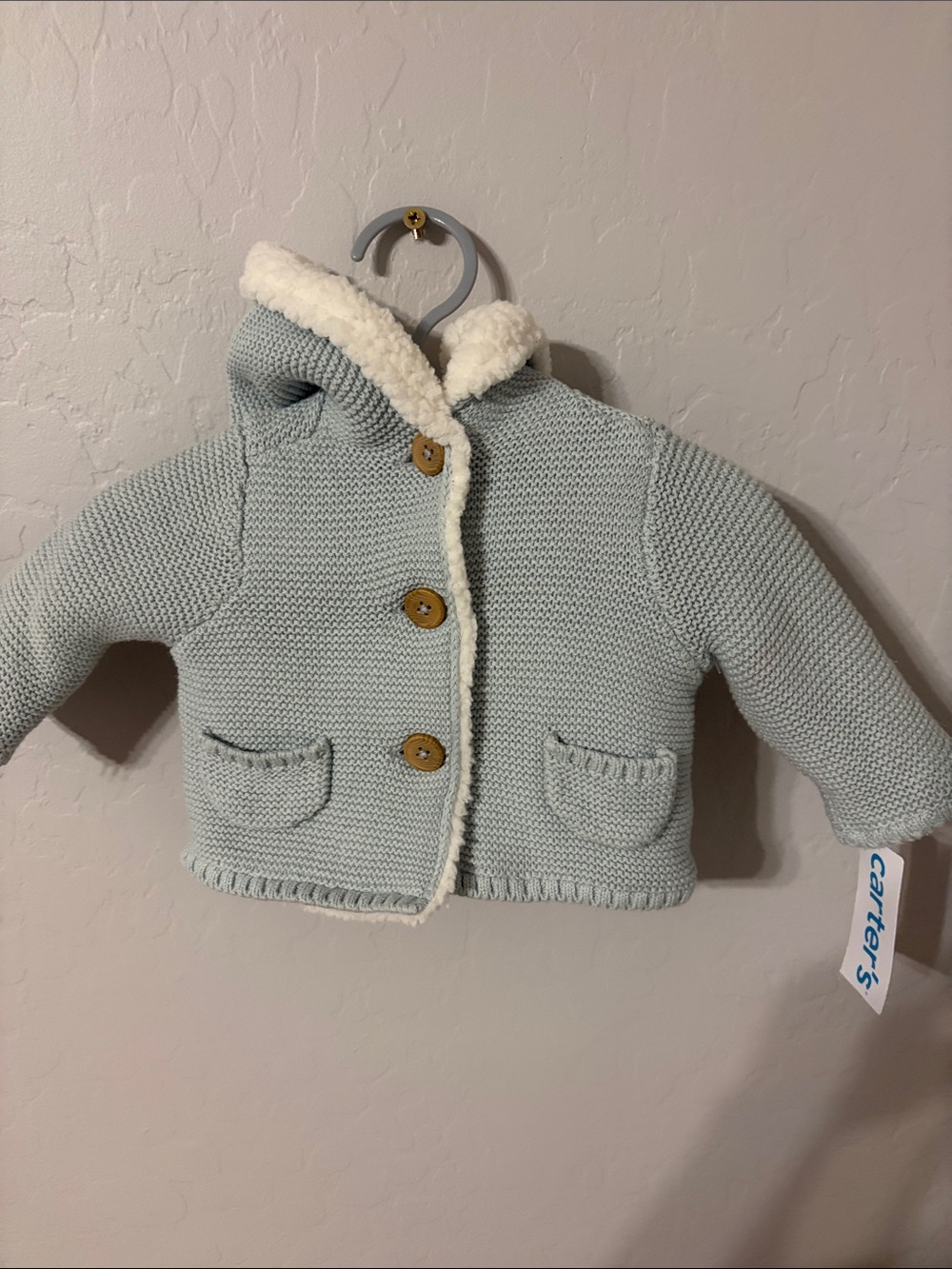 Carter's Pale Blue Knit Hooded Jacket with Cream Sherpa Trim